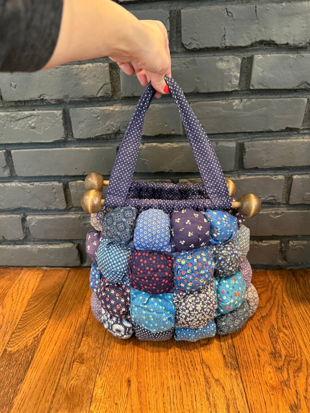 Vintage 1970s Handmade Patchwork Quilted Navy Blue Calico Handbag